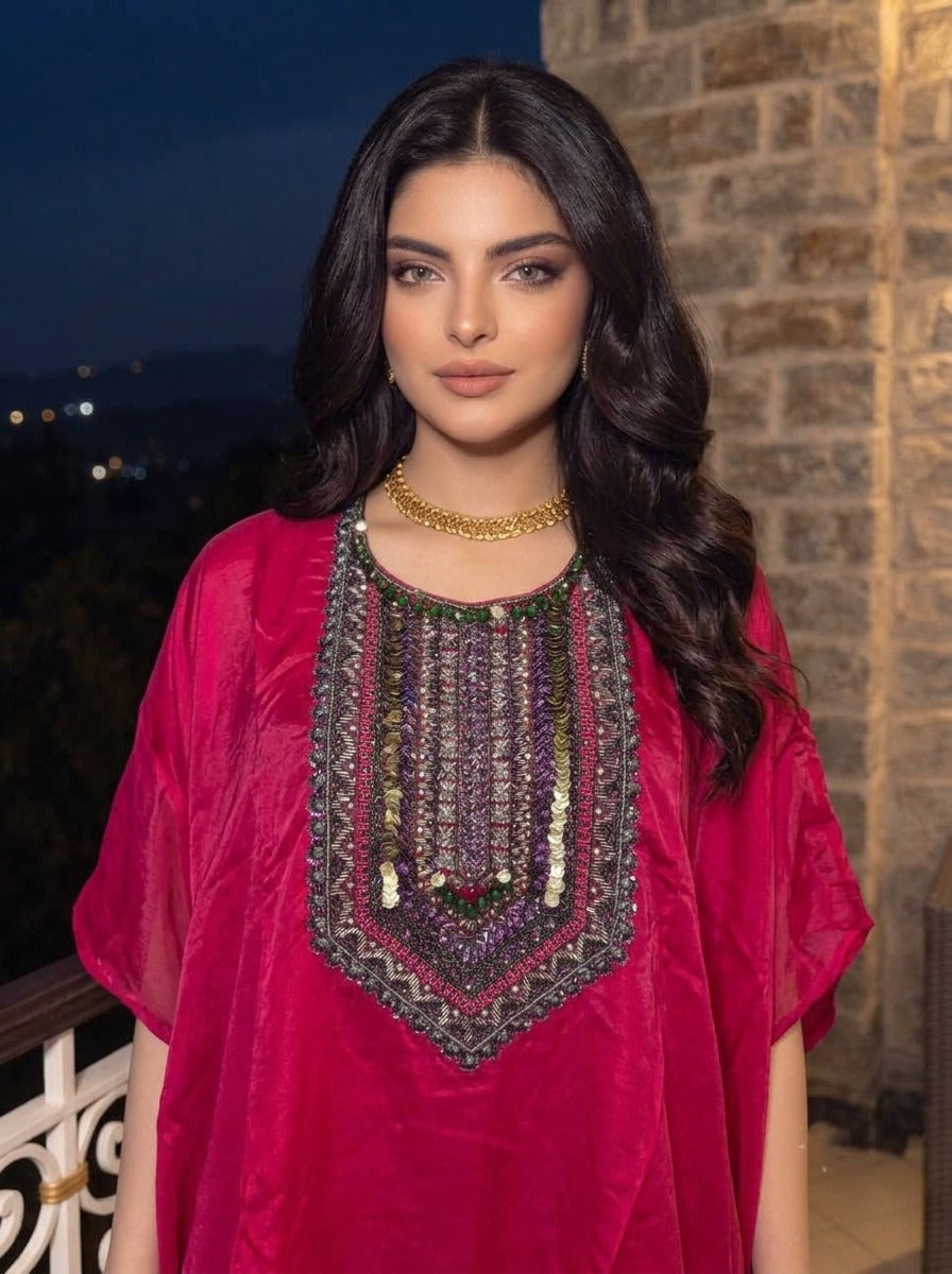 Rani Pink Embellished Crepe Silk Kaftan Set
