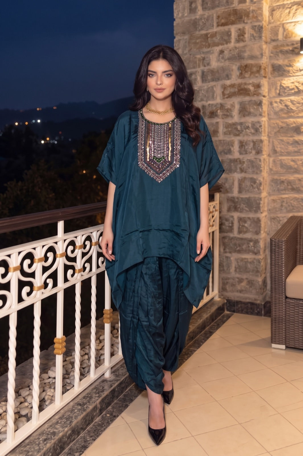 Teal Blue Embellished Crepe Silk Kaftan Set