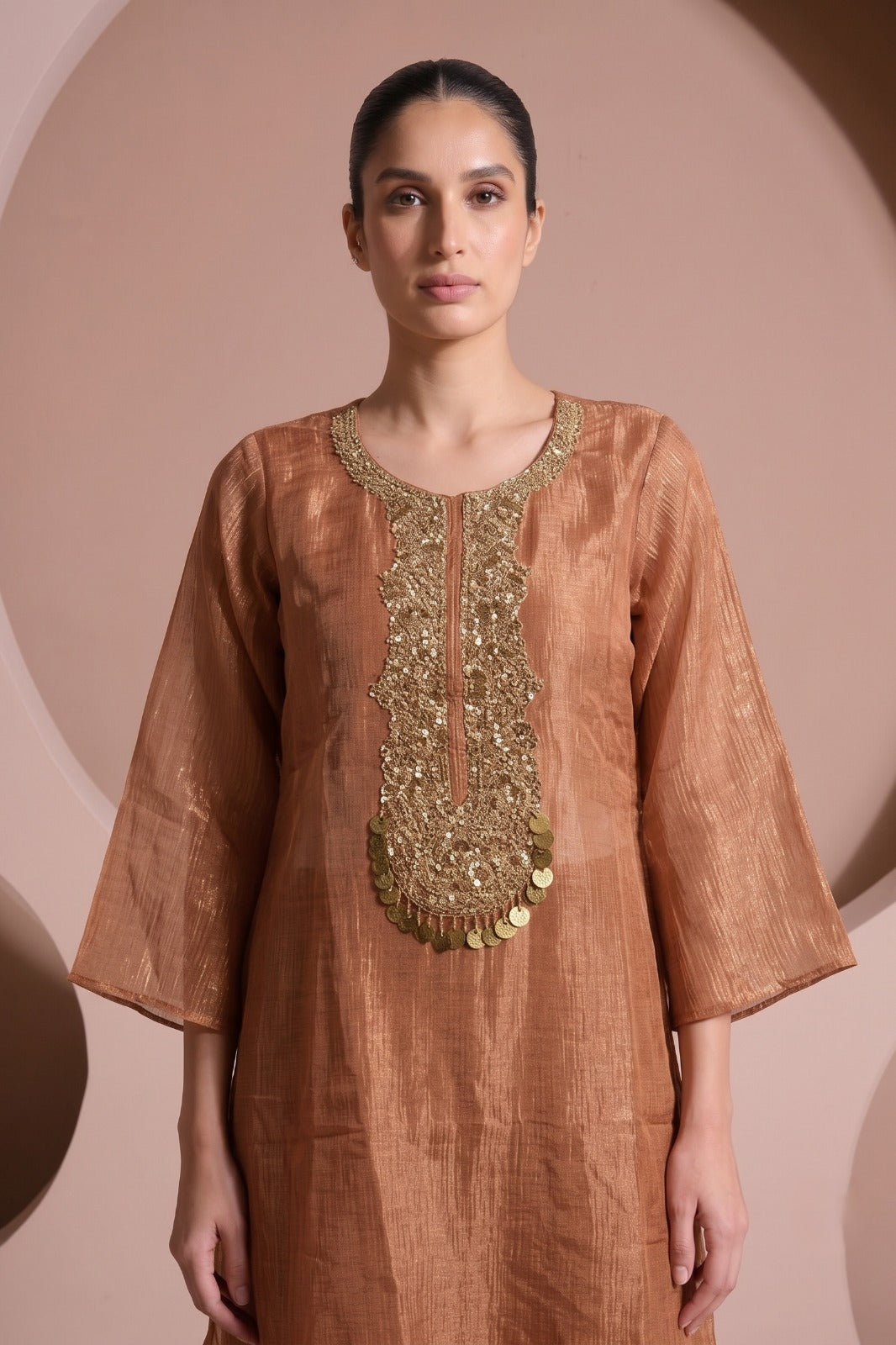 Peach Gold Embellished Shimmer Tissue Silk Co-Ord Set