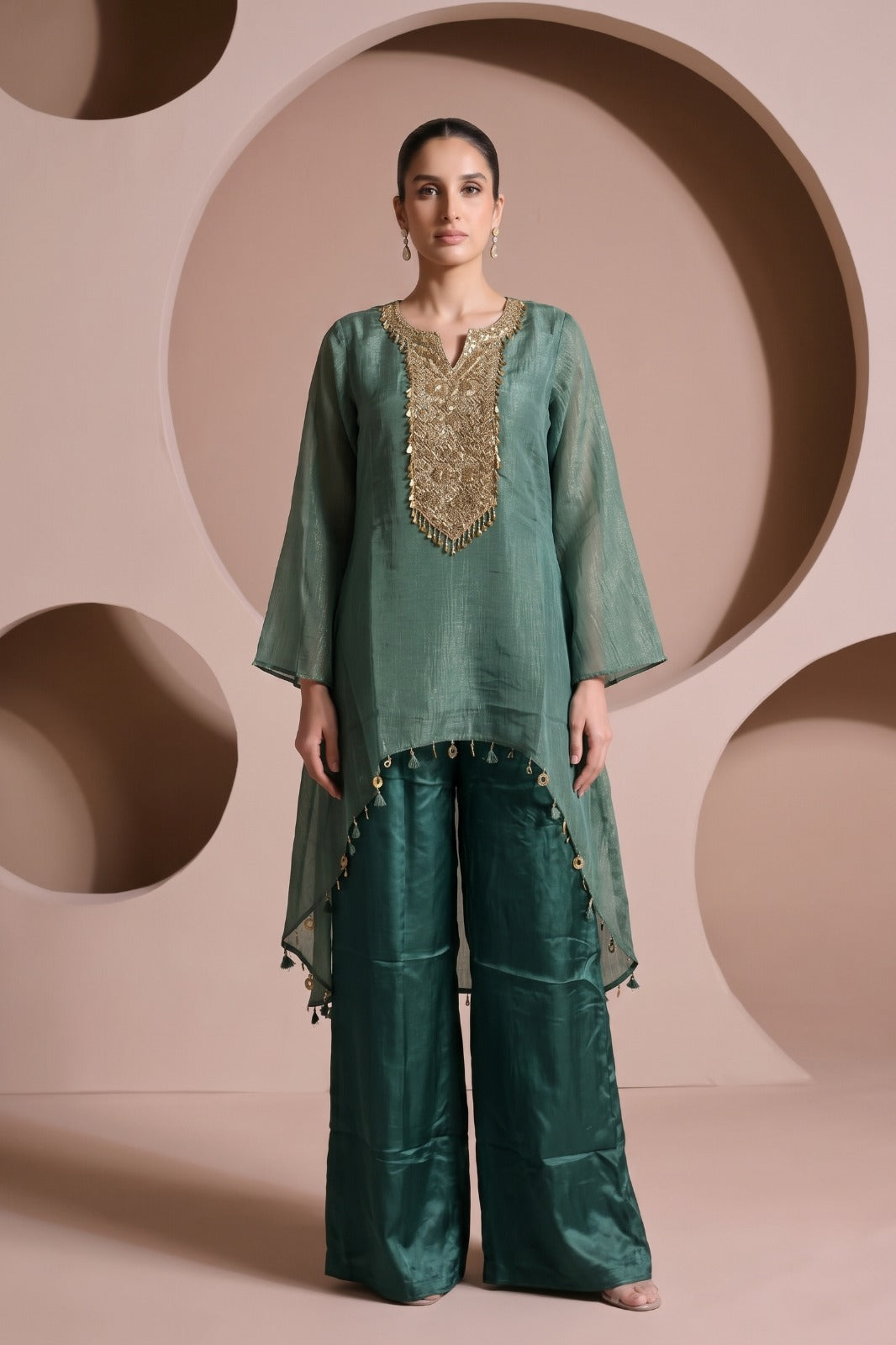 Teal Green Embellished Tissue Silk Co-Ord Set