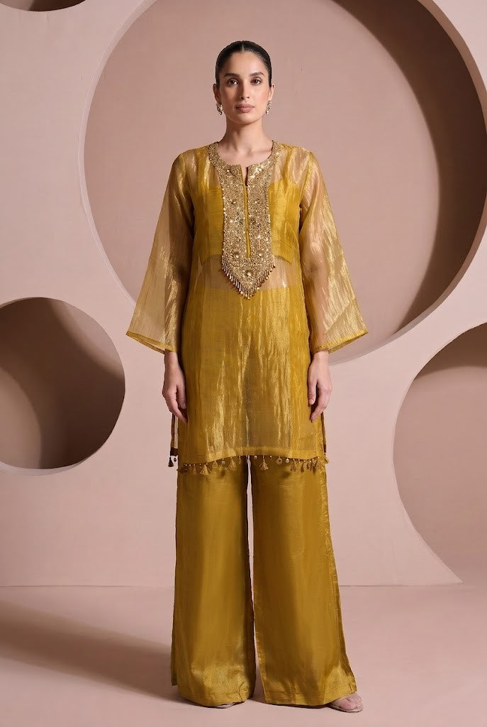 Mustard Golden Embellished Shimmer Tissue Silk Co-Ord Set