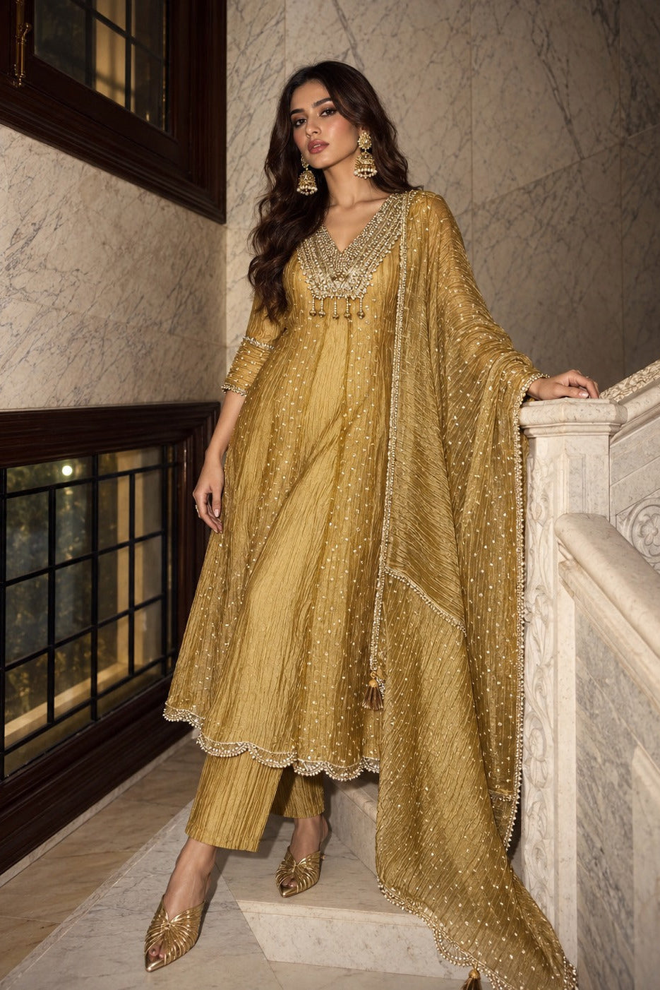Muted Gold Embellished Pure Tissue Silk Anarkali Set