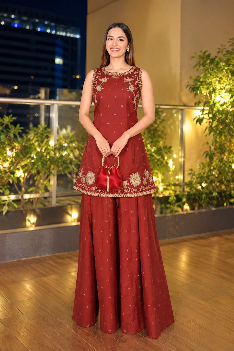 Brick Red Embroidered Cotton Palazzo Set