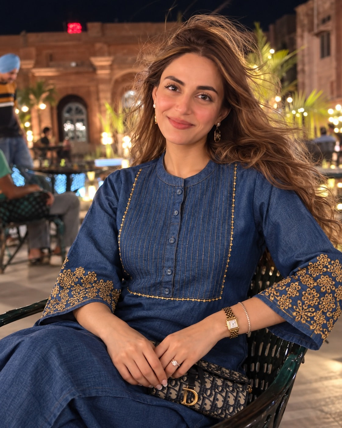 Royal Blue Denim Embroidered Kurta Set