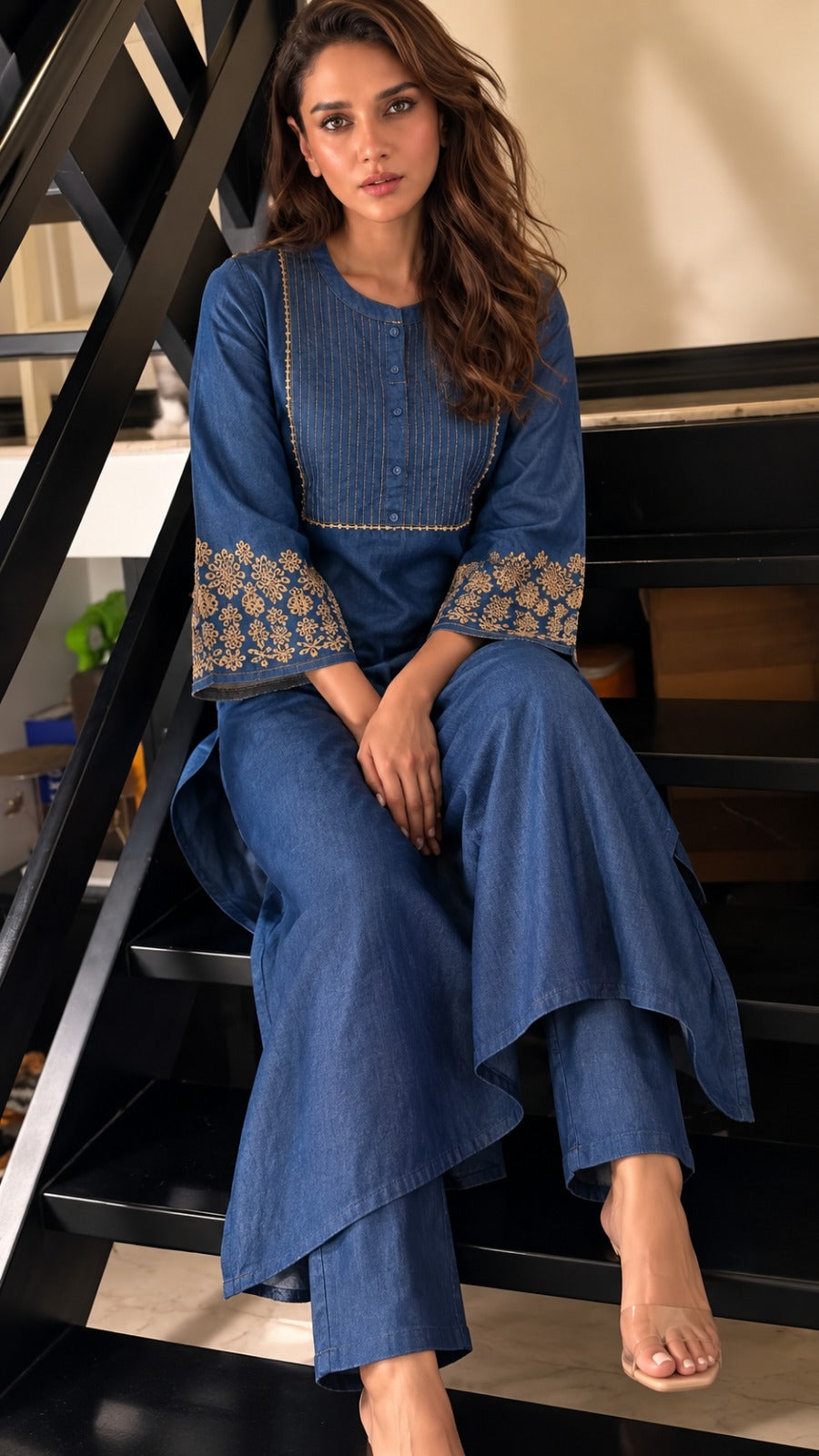 Royal Blue Denim Embroidered Kurta Set