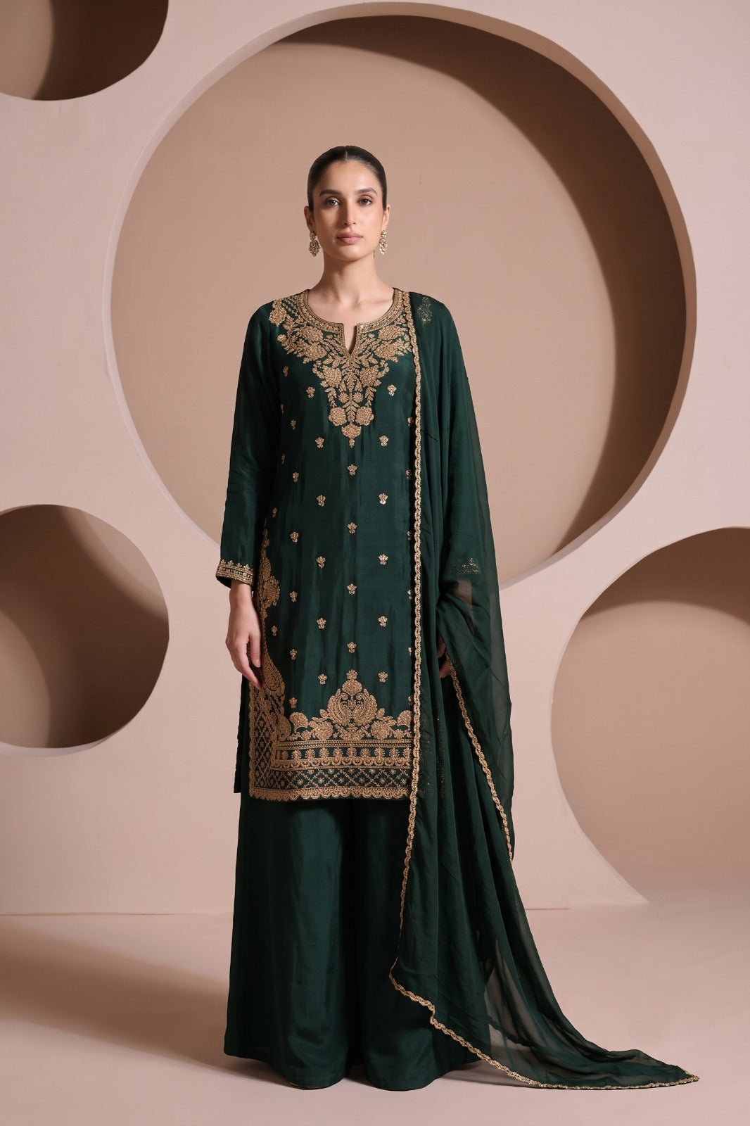 Dark Bottle Green Embellished Chinon Silk Palazzo Set