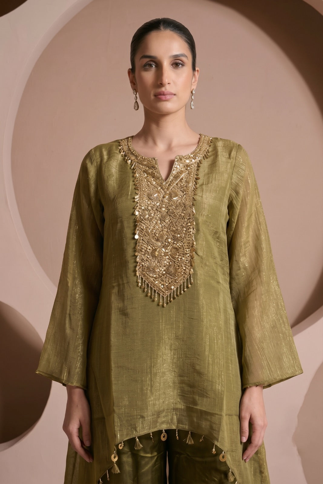 Metallic Moss Embellished Tissue Silk Co-Ord Set