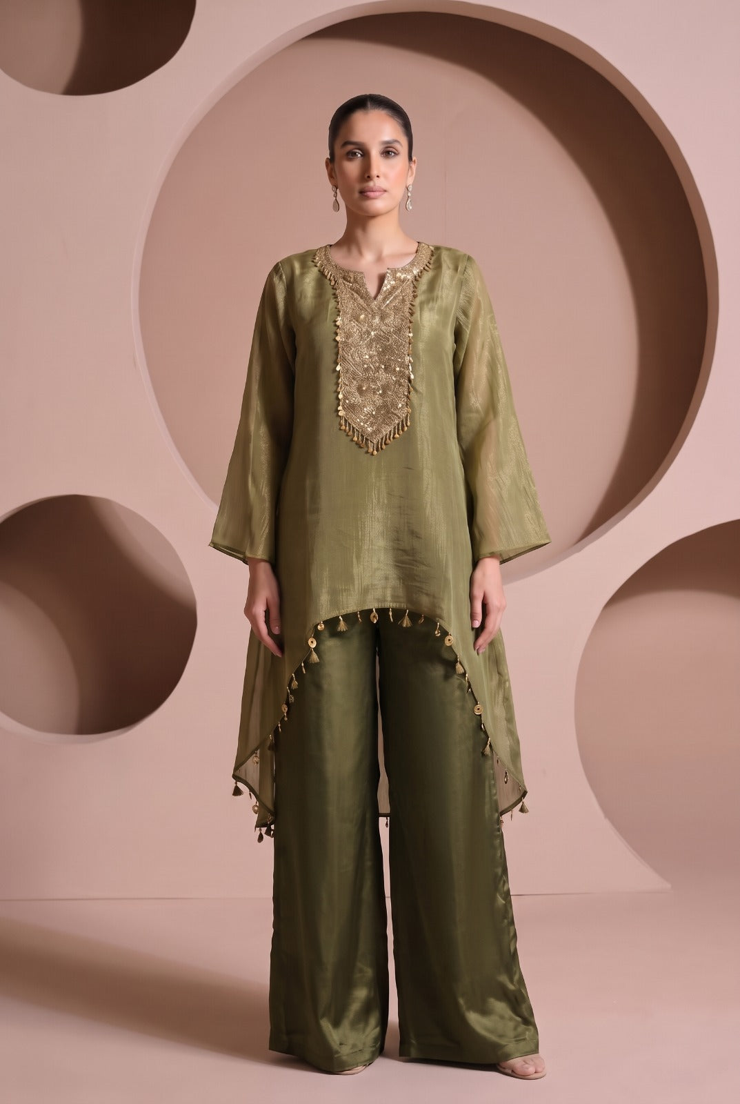 Metallic Moss Embellished Tissue Silk Co-Ord Set