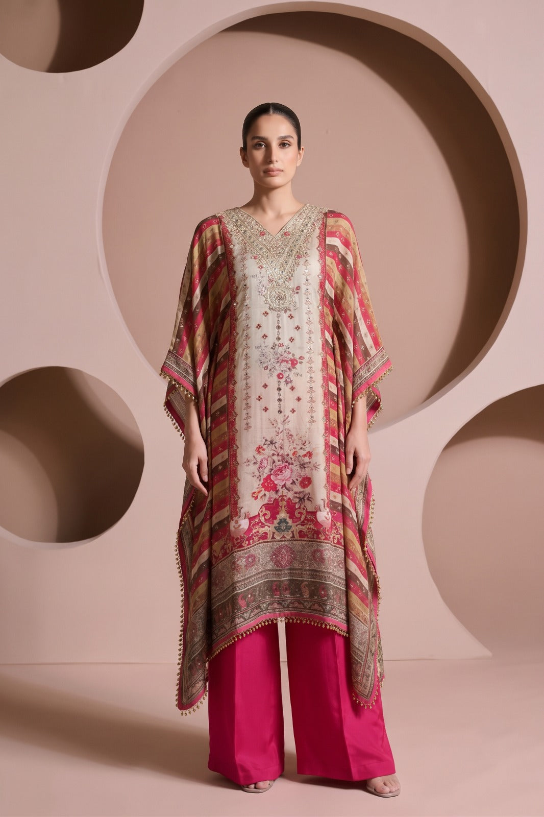 Multicolored Printed Crepe Silk Kaftan Set