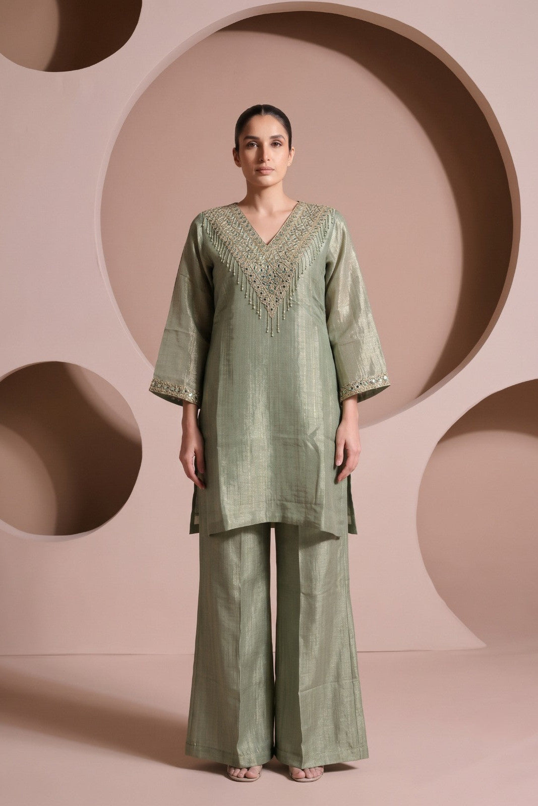 Sage Green Embellished Shimmer Crushed Silk Palazzo Set