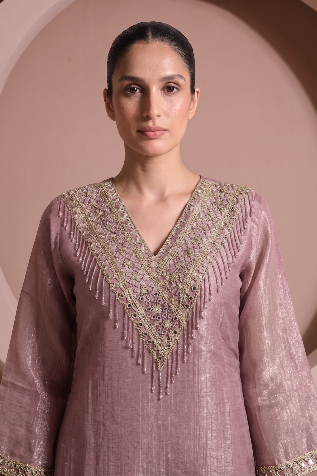 Mauve Gold Embellished Shimmer Crushed Silk Palazzo Set