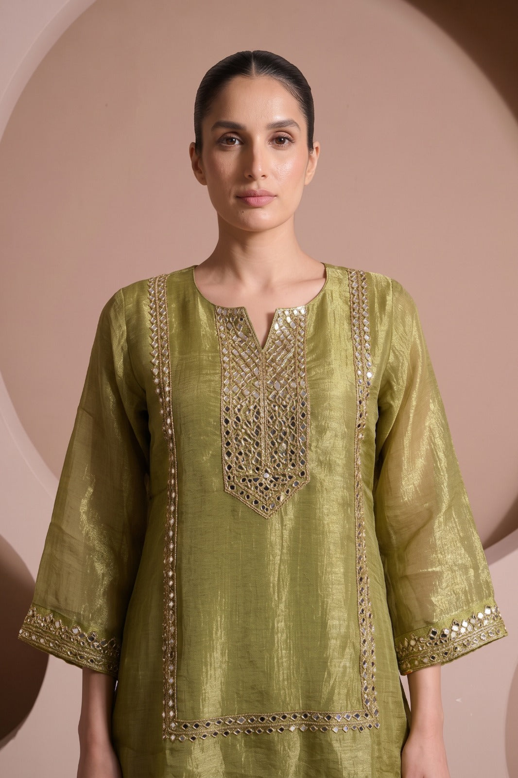 Metallic Moss Green Embellished Tissue Silk Palazzo Set