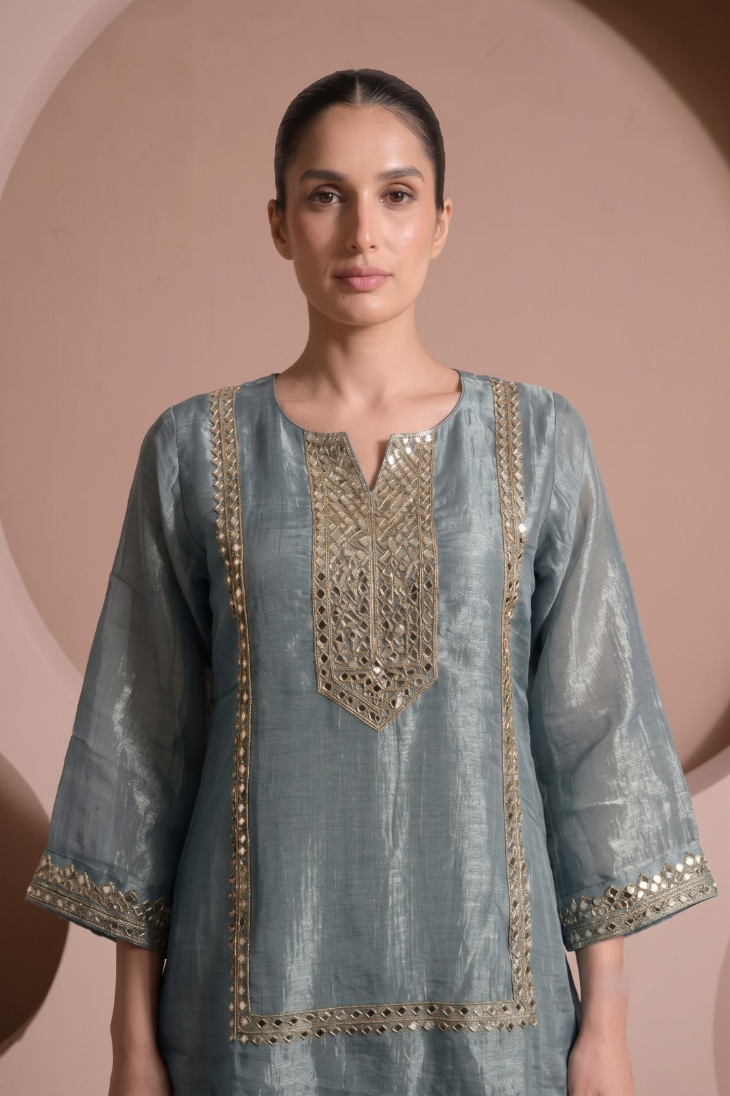 Dusty Blue Embellished Tissue Silk Palazzo Set