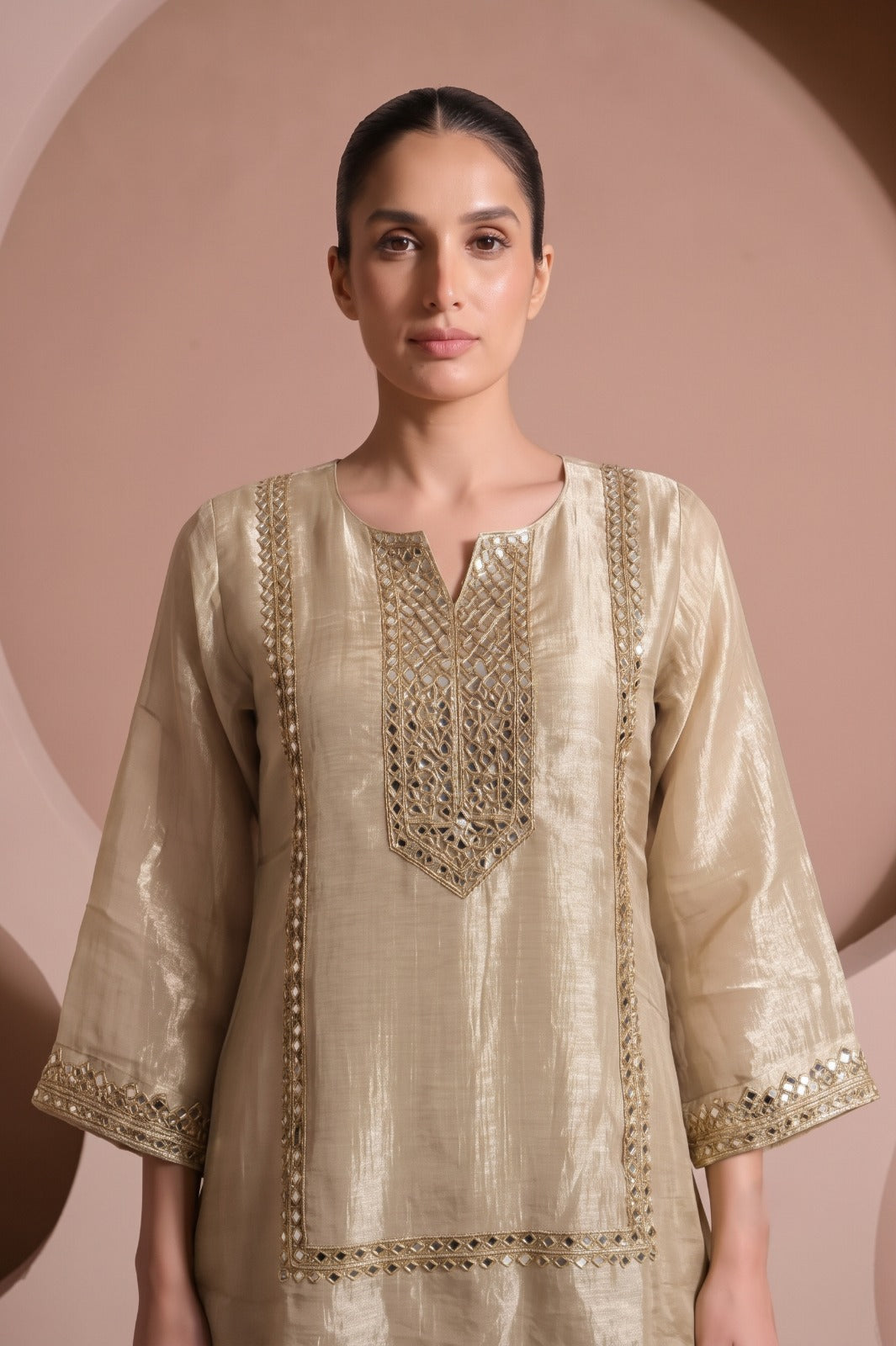 Champagne Gold Embellished Tissue Silk Palazzo Set