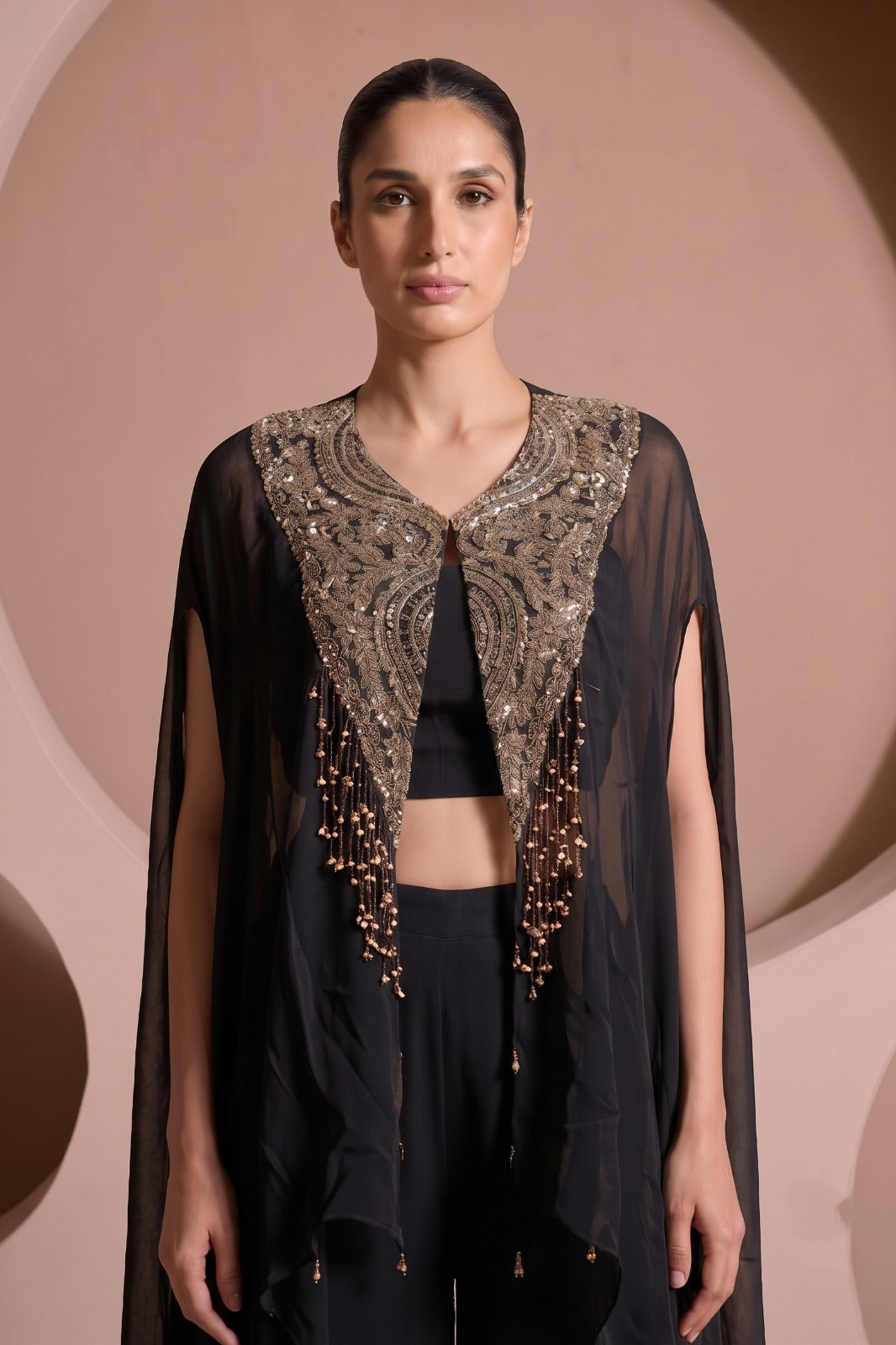 Rich Black Embellished Chinon Silk Palazzo Set