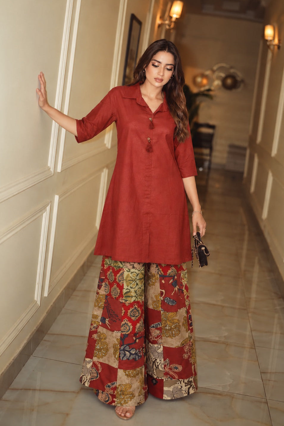 Brick Red Patchwork Pure Cotton Co-ord Set