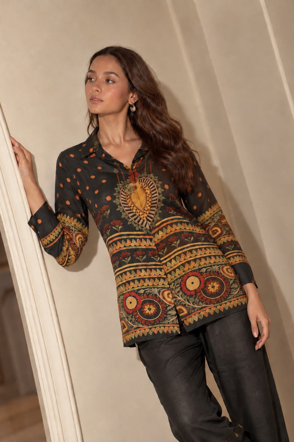 Charcoal Black Bohemian Print Crepe Co-ord Set