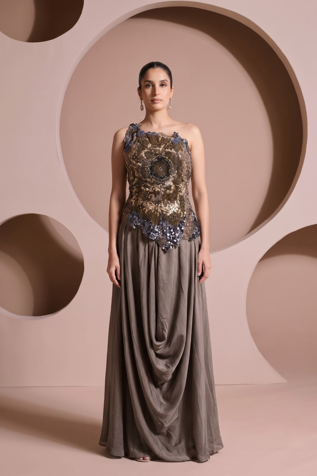 Metallic Taupe Embellished Crepe Satin Silk Set