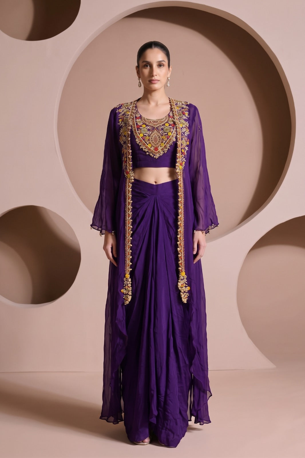 Velvet Purple Embellished Crepe Silk Skirt Set