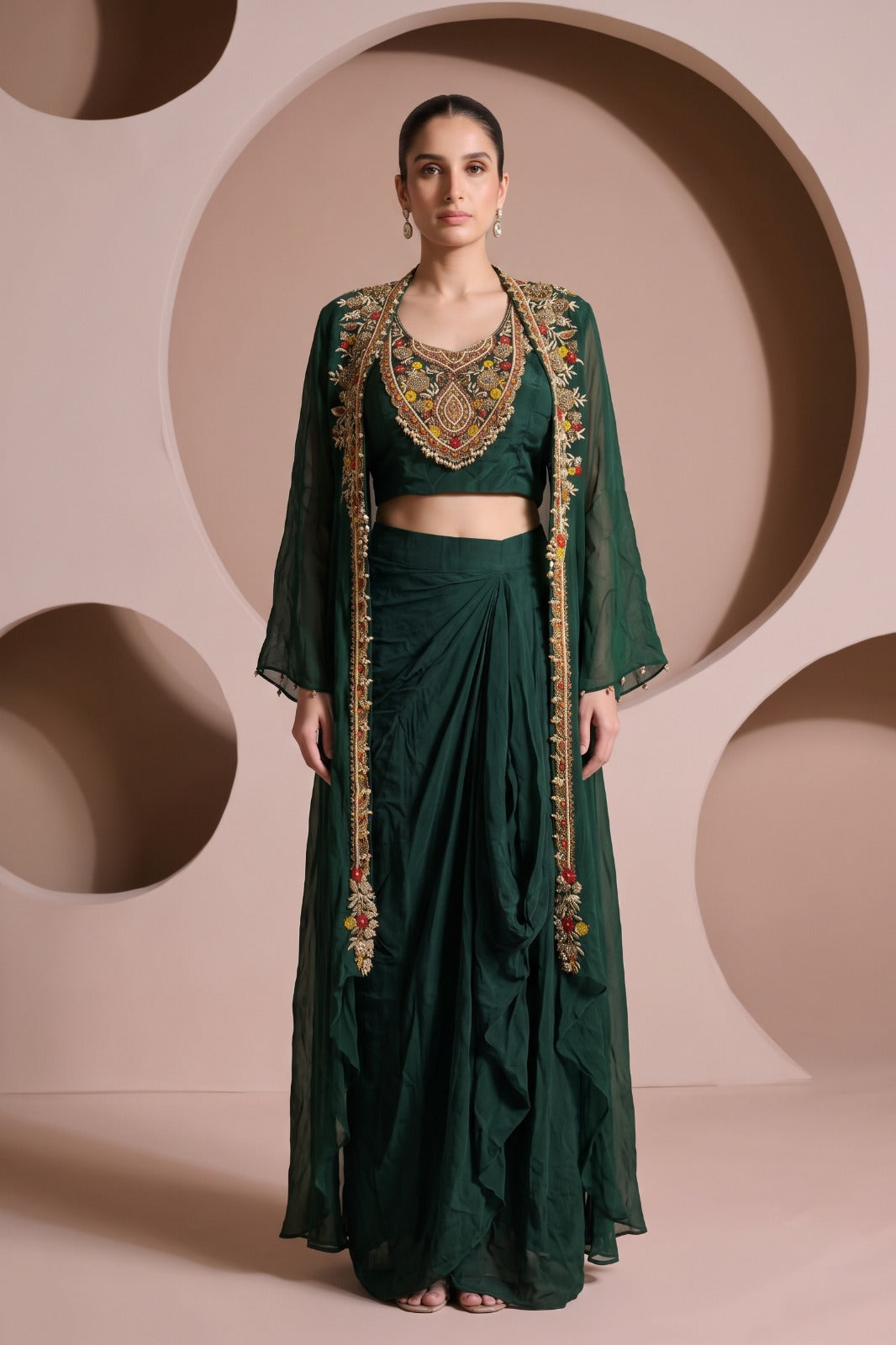 Royal Green Embellished Crepe Silk Skirt Set