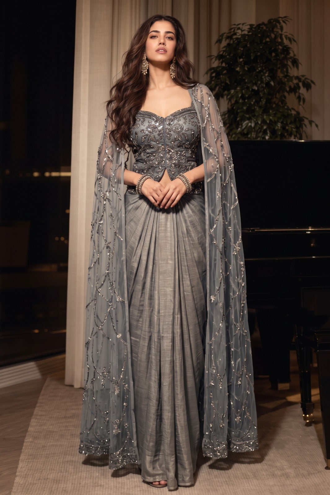 Silver Grey Embellished Spandex Skirt Set