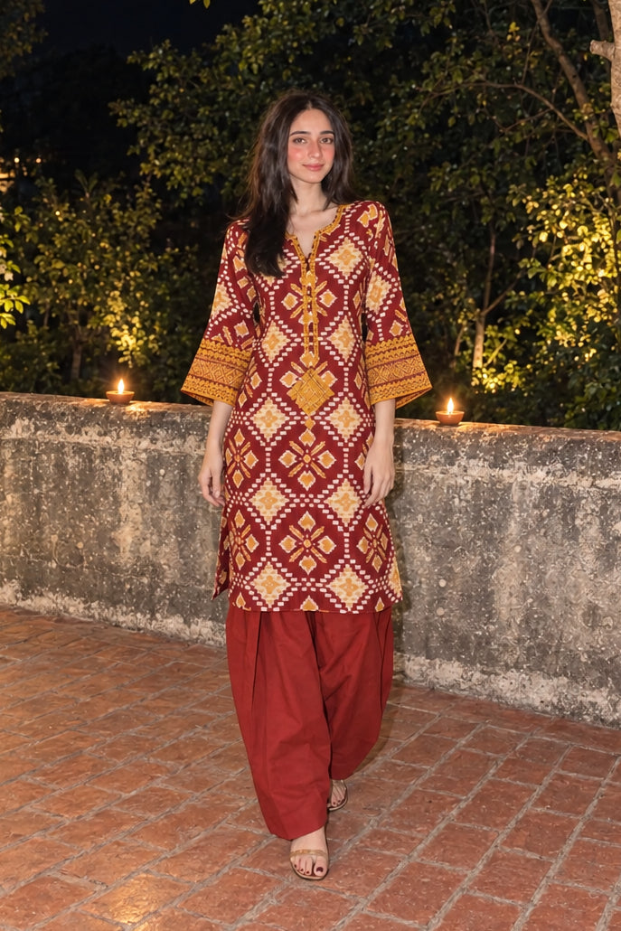Maroon Embroidered Mul Silk Farshi Salwar Set