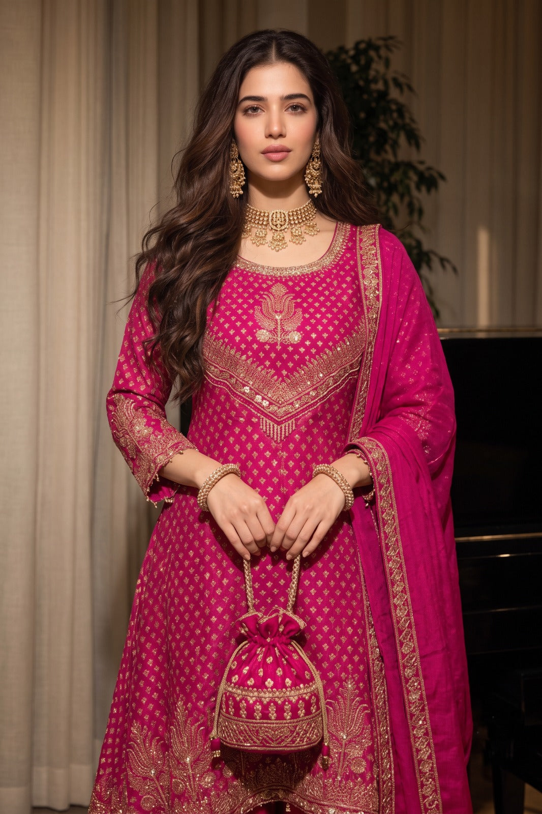 Magenta Pink Printed Crepe Silk Palazzo Set