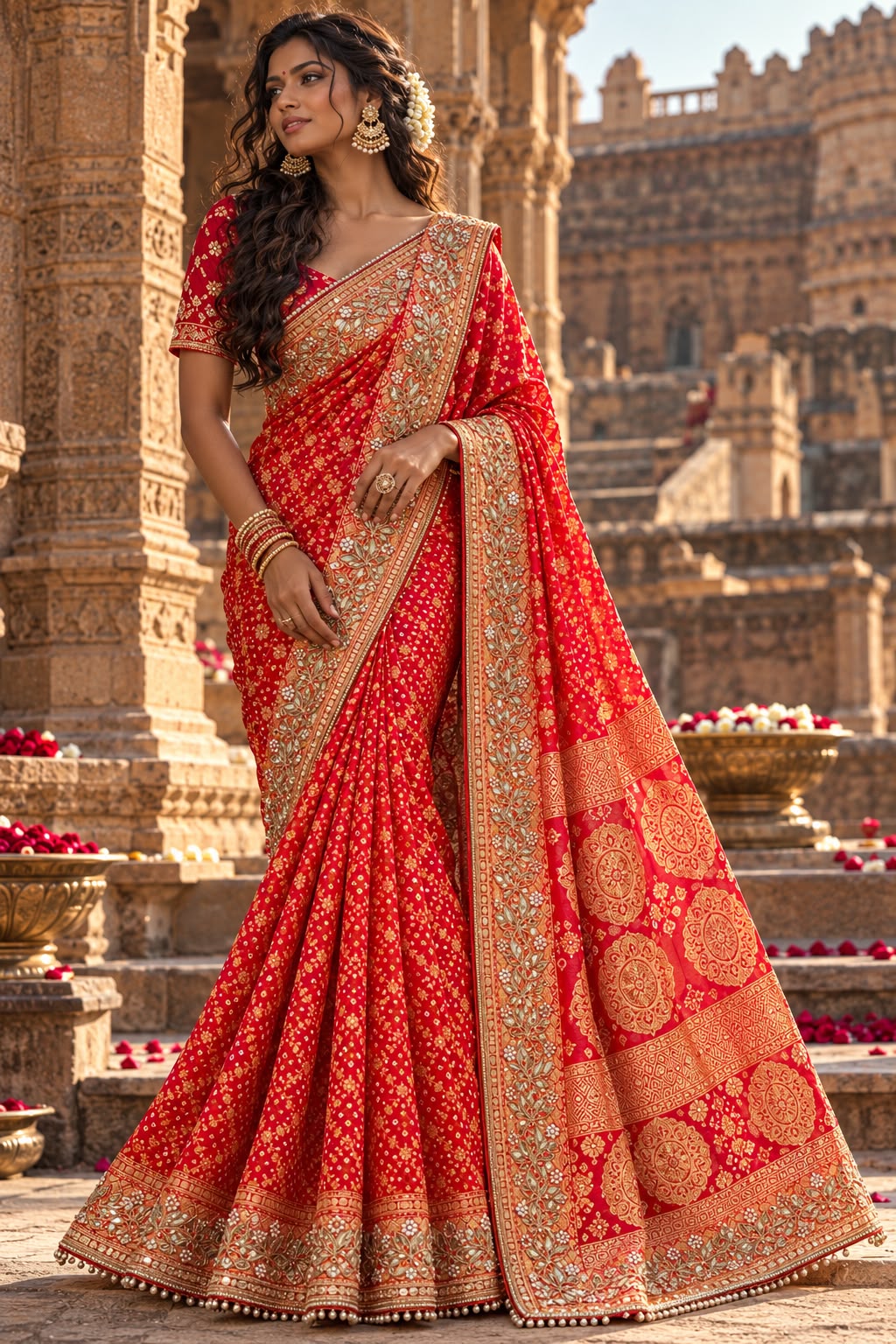 Red Pearl Embroidered Bandhej-Inspired Zari Saree