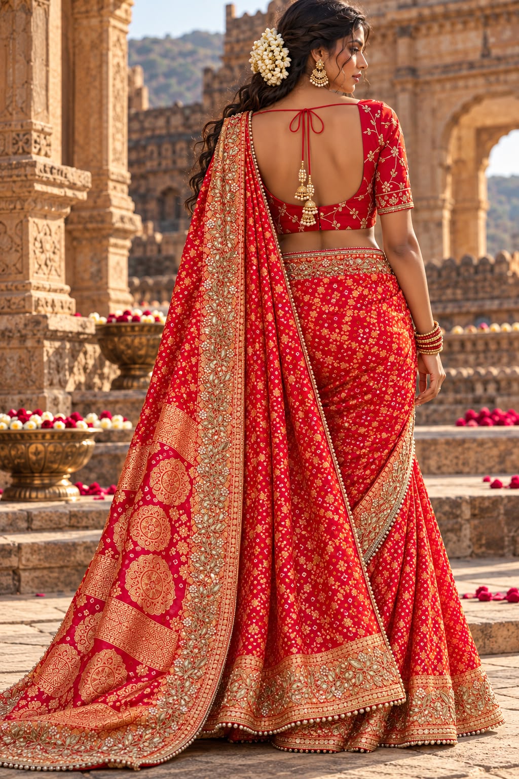 Red Pearl Embroidered Bandhej-Inspired Zari Saree