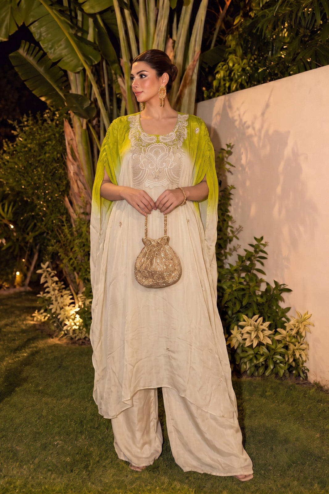 Olive Green Embellished Chinon Silk Kaftan Set