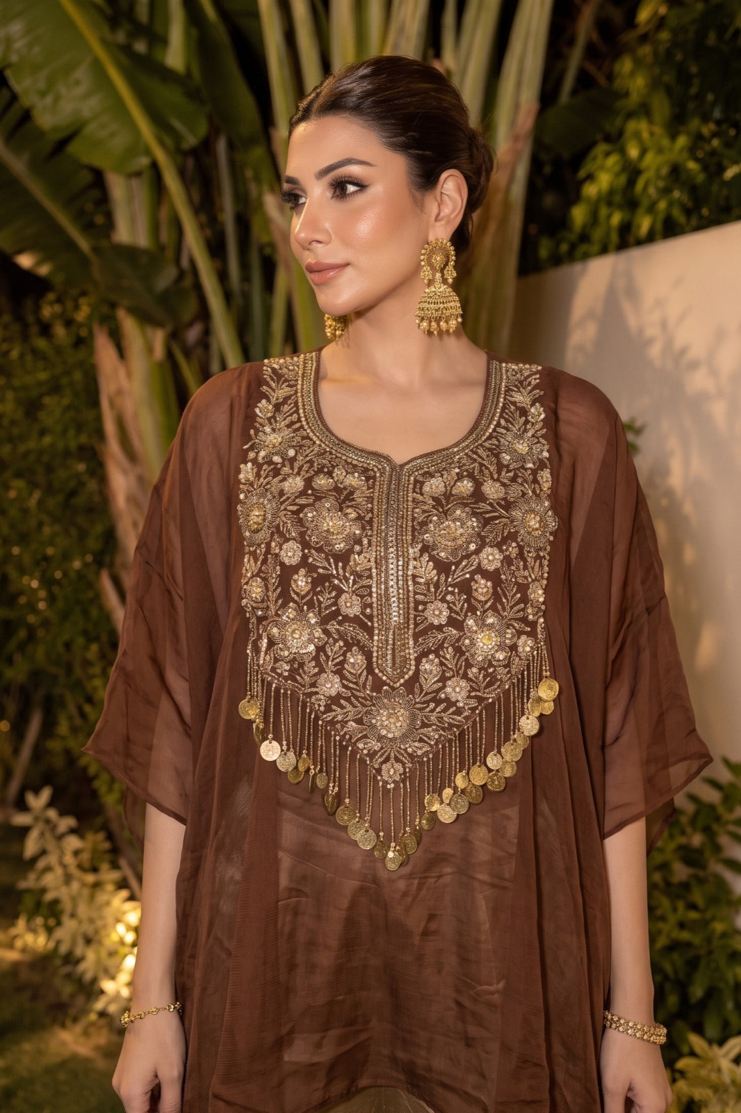Chocolate Brown Embellished Organza Silk Kaftan Set