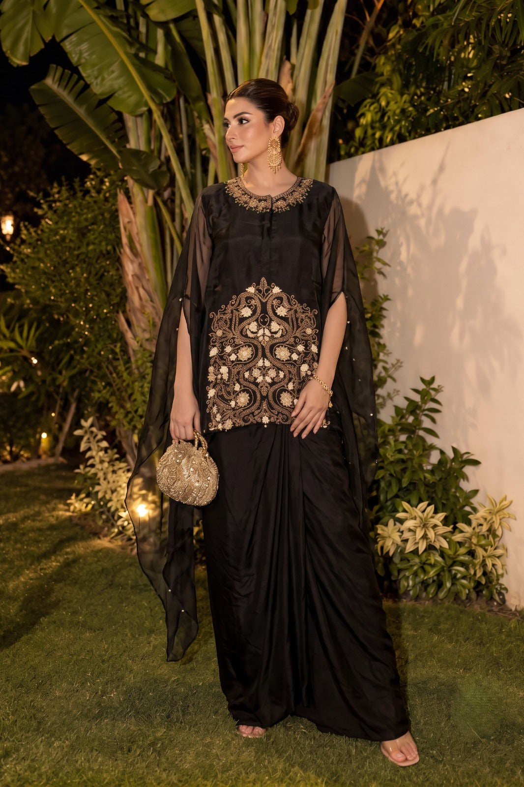 Charcoal Black Embellished Organza Silk Kaftan Set