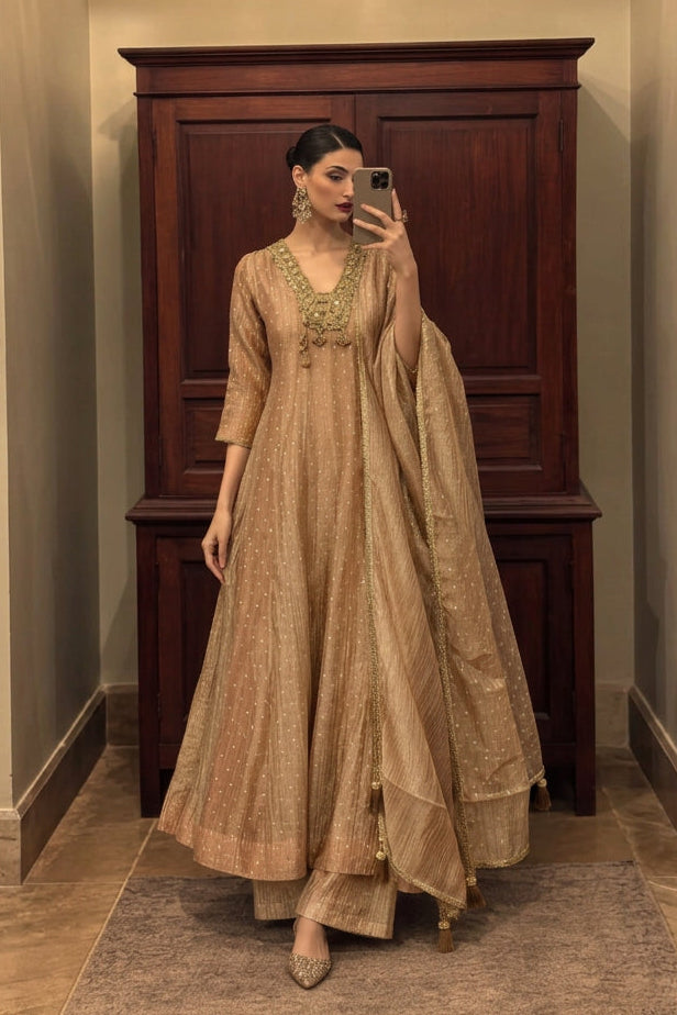 Metallic Bronze Embellished Shimmer Tissue Silk Anarkali Set
