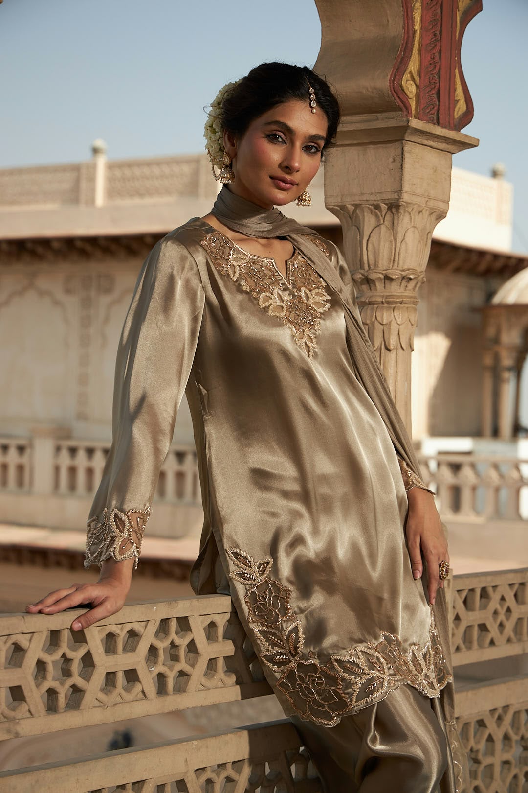 Mettalic Grey Embellished Giraffe Silk Farshi Salwar Set
