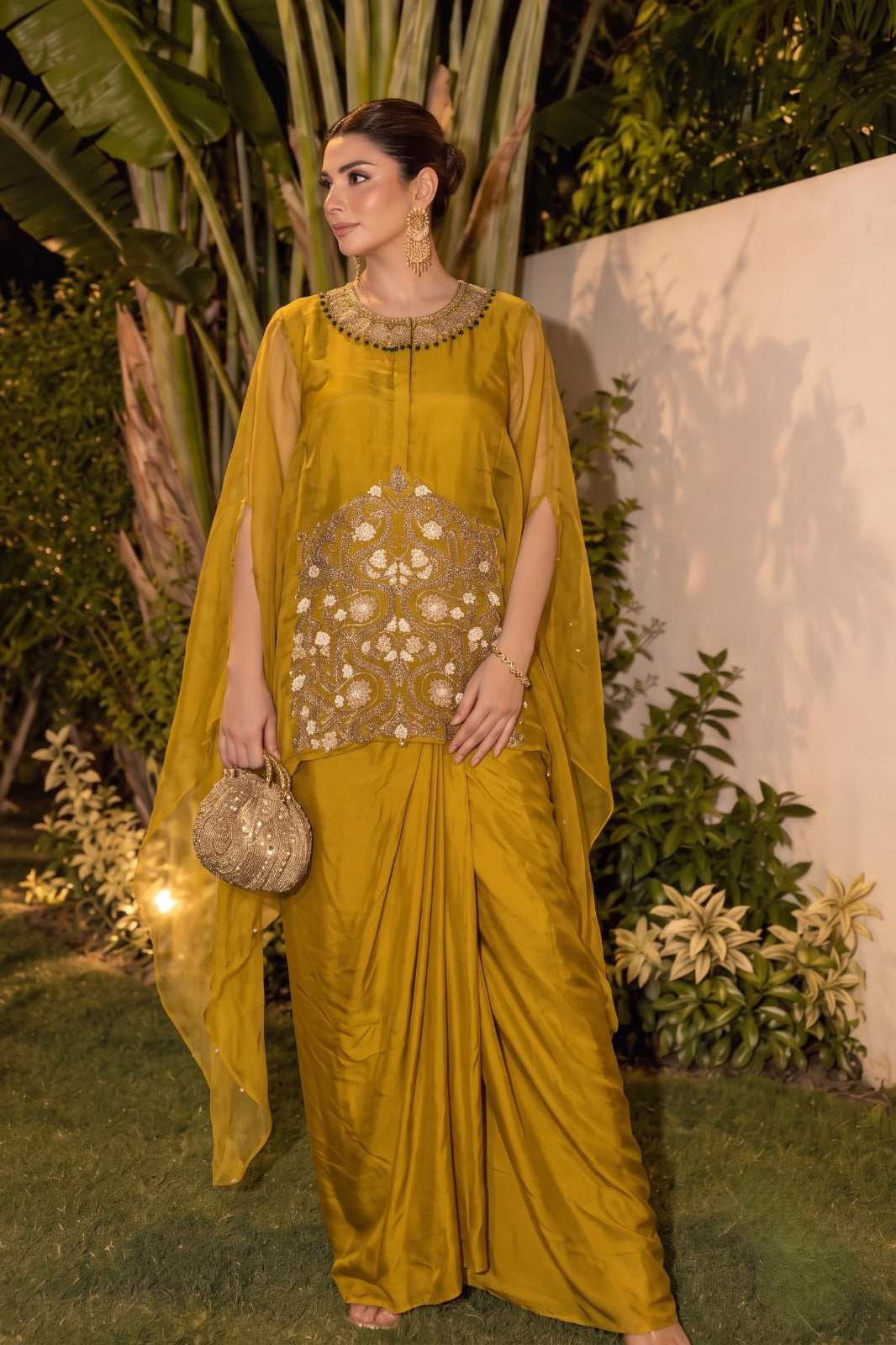 Mustard Yellow Embellished Organza Silk Kaftan Set
