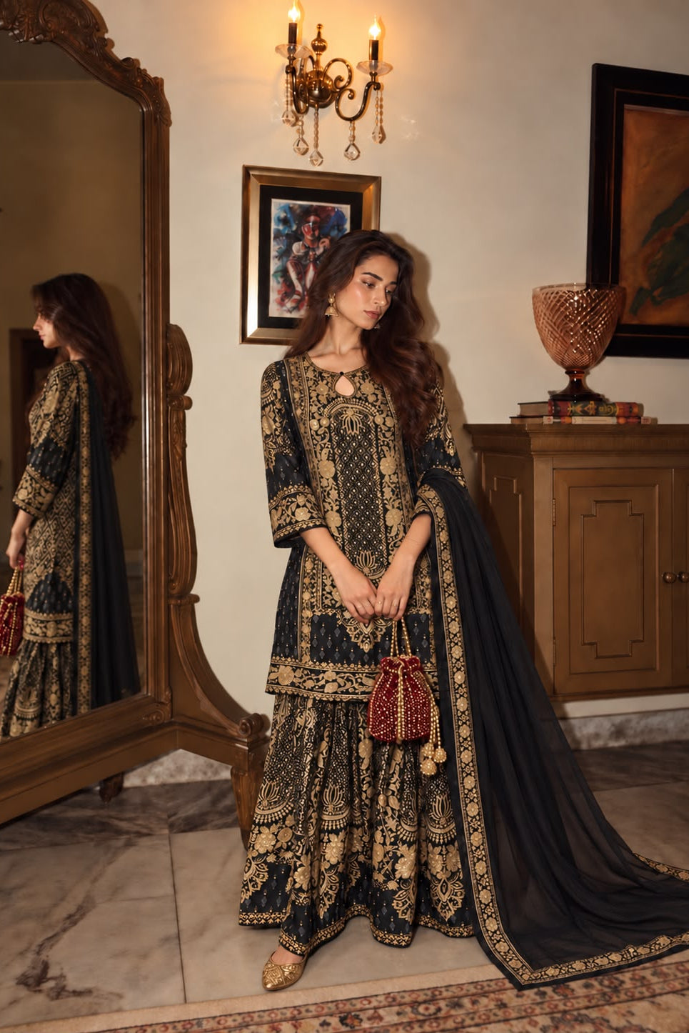 Black Embellished Crepe Silk Sharara Set