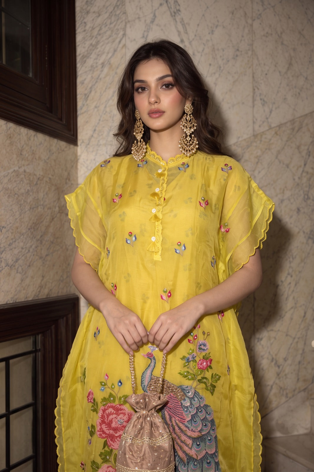 Sunshine Yellow Embellished Tissue Silk Kaftan Set