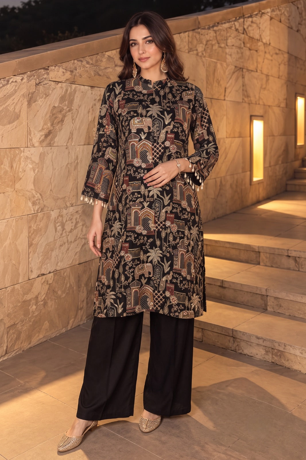 Jet Black Embellished Chinon Silk Palazzo Set