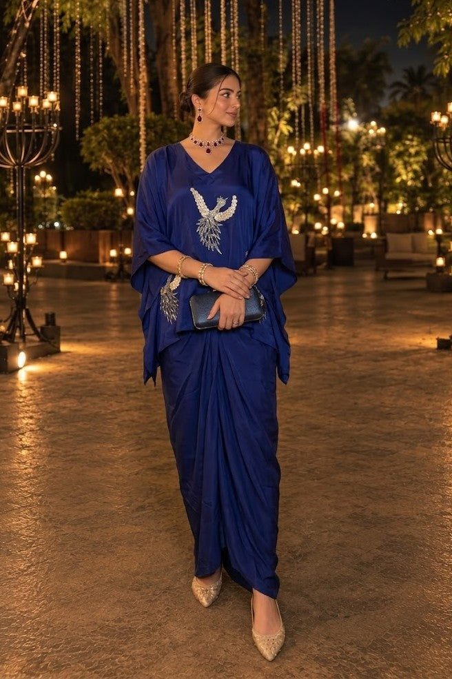 Deep Blue Embellished Crepe Satin Silk Skirt Set