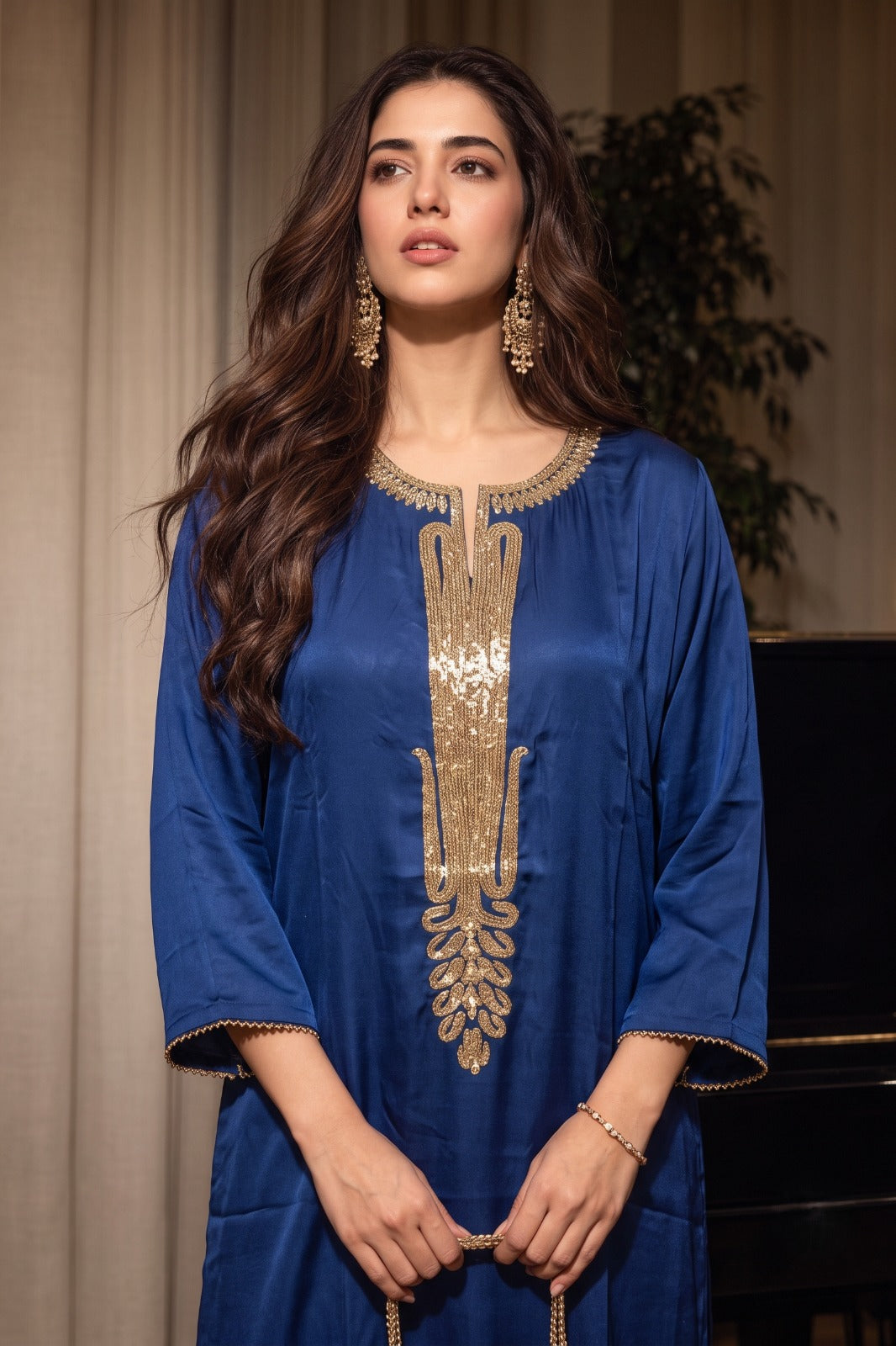 Rich Blue Embellished Crepe Satin Silk Palazzo Set