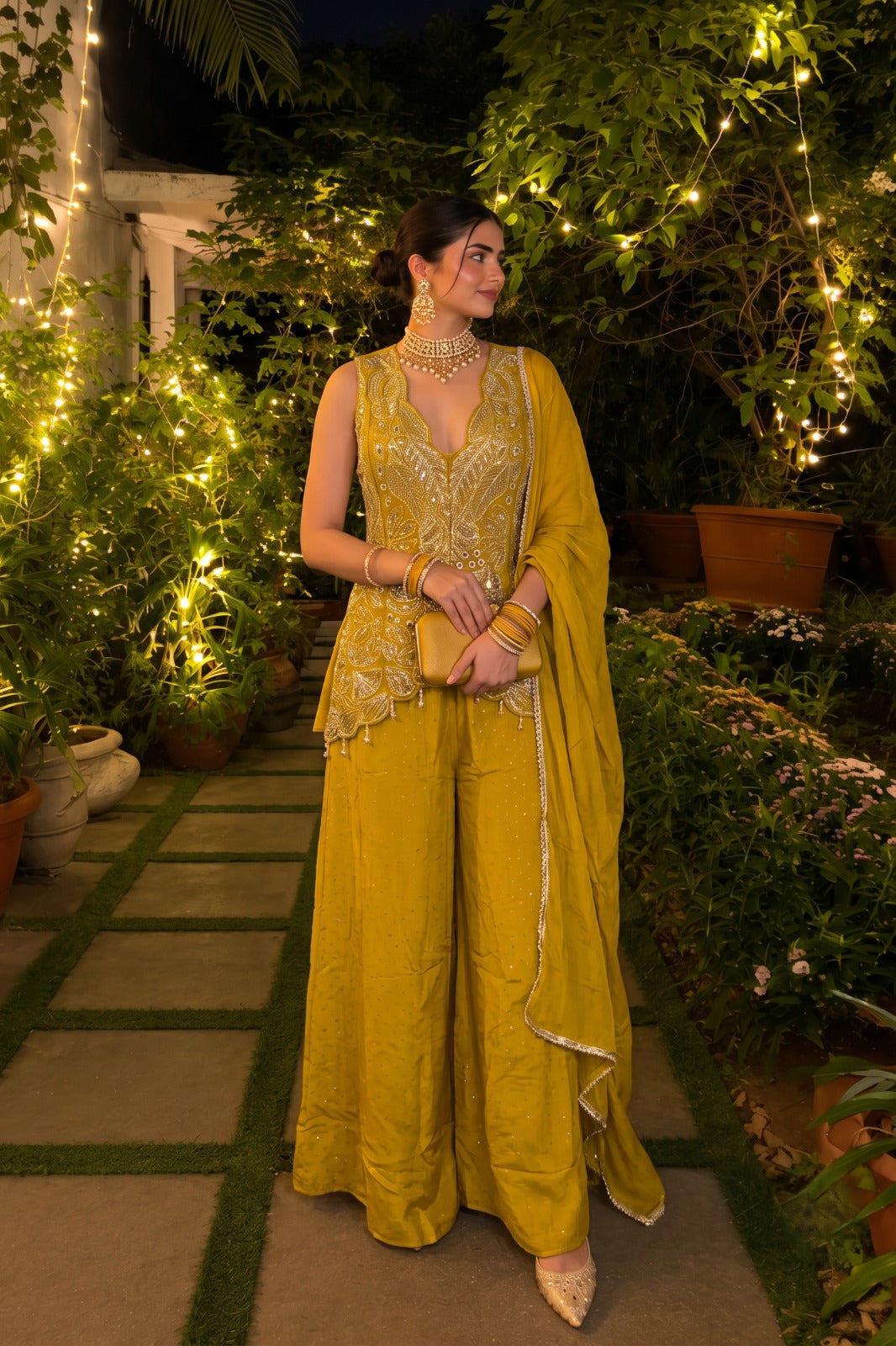 Mustard Yellow Embellished Raw Silk Palazzo Set