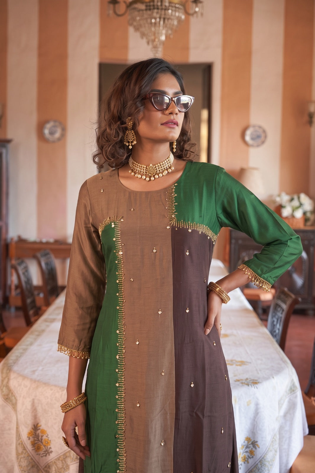 Multi-color Green Embellished Silk Palazzo Set