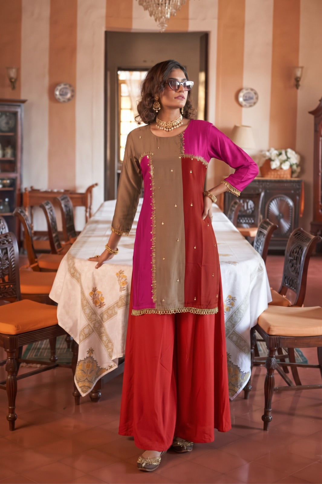 Multi-color Rust Embellished Silk Palazzo Set