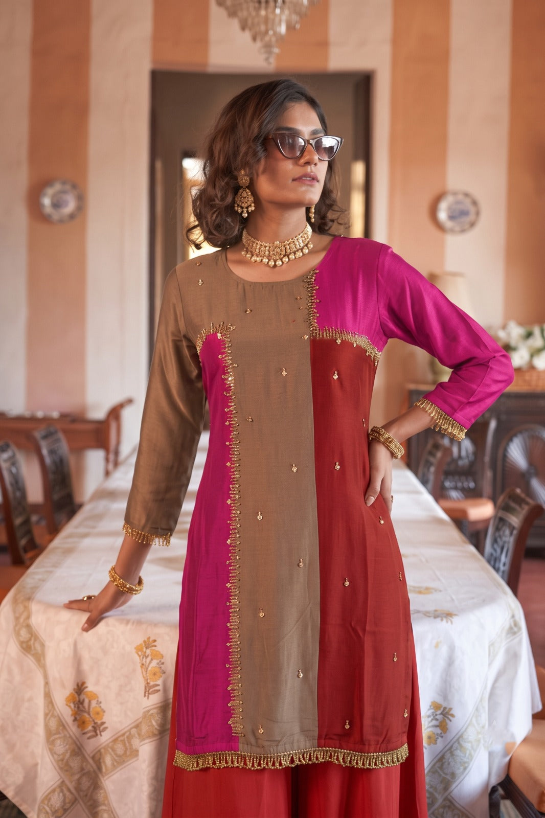 Multi-color Rust Embellished Silk Palazzo Set