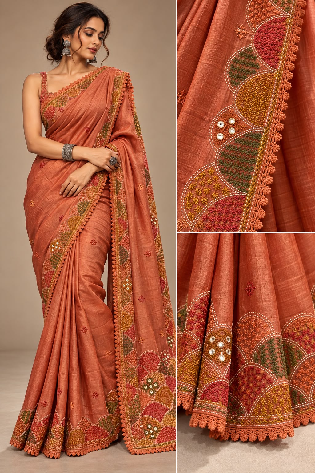Rust Terracotta Hand-Embroidered Tussar Silk Saree