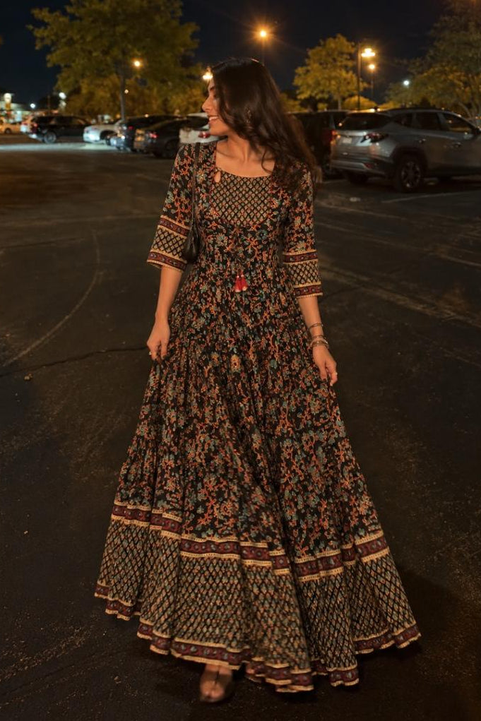 Black Multi Printed Mul Cotton Anarkali Gown
