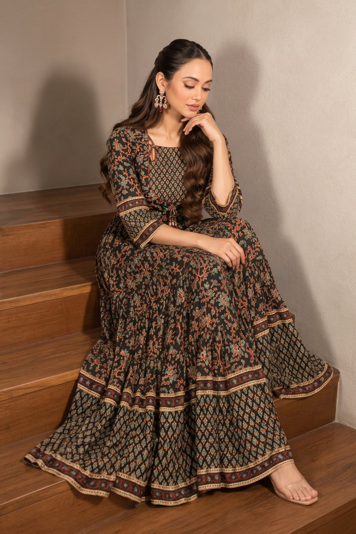 Black Multi Printed Mul Cotton Anarkali Gown