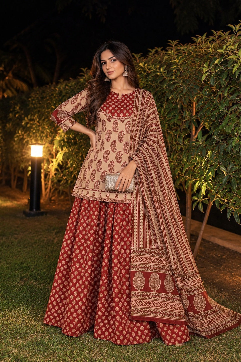 Deep Maroon Printed Cotton Skirt Skirt Set