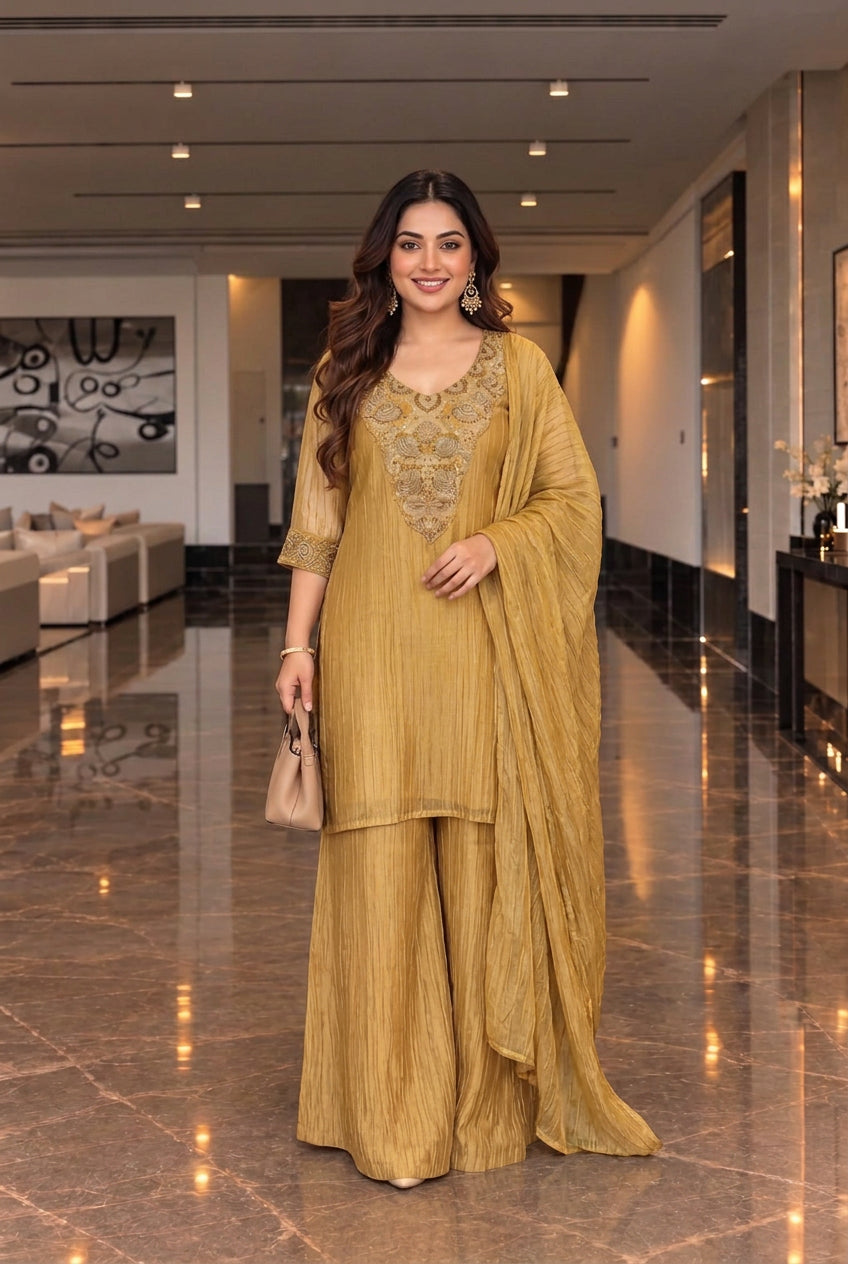 Metallic Gold Embellished Pure Tissue Silk Pant Set