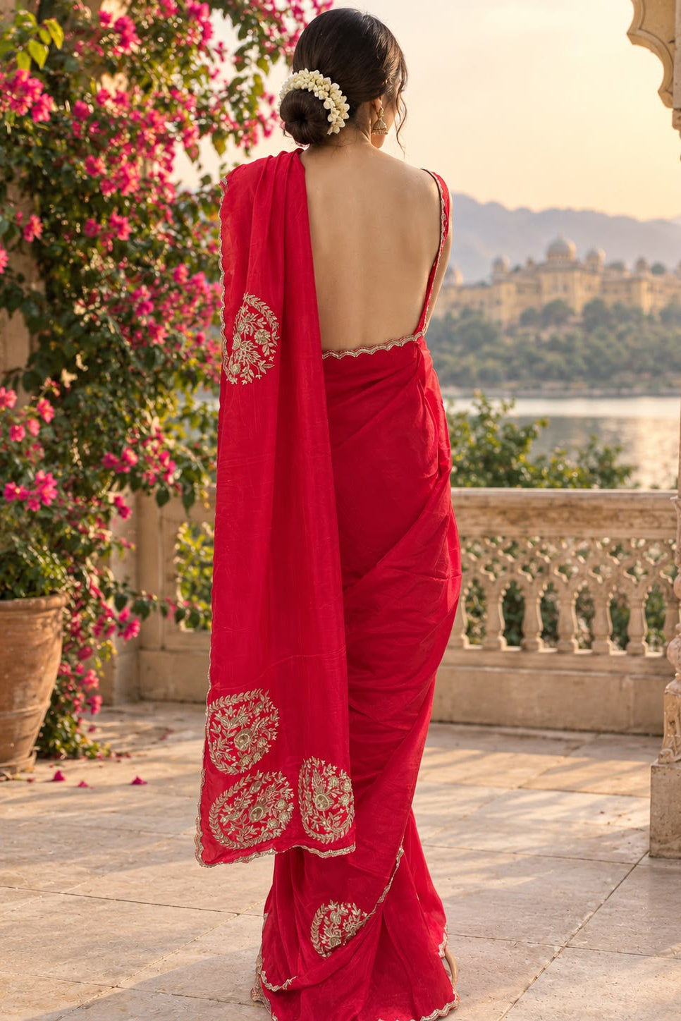 Rich Crimson Embroidered Crepe Silk Saree